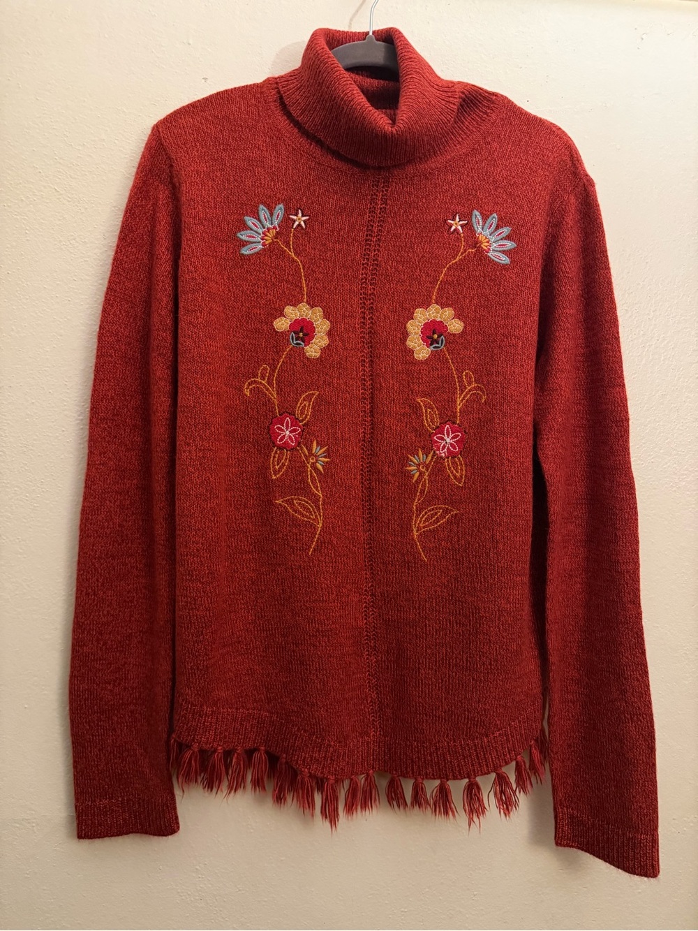 Denim Moves Embroidered Red Rust Sweater for Fall with Fringe Like New Medium - Picture 2 of 6